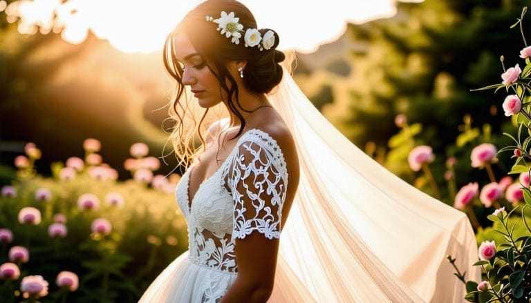 une-mariee-portant-une-robe-en-dentelle-fluide-et-des-fleurs-dans-les-cheveux-se-tenant-dans-un-jardin-baigne-de-lumiere-creant-une-atmosphere-etheree-et-romantique