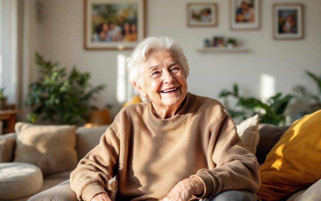 un-senior-souriant-assis-dans-un-salon-confortable-entoure-de-mobilier-chaleureux-et-de-photos-de-famille-baigne-de-lumiere-naturelle