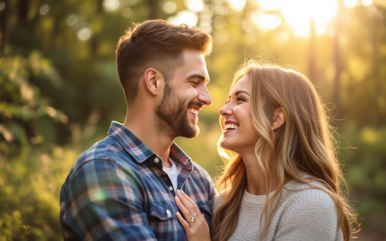 un-couple-amoureux-partage-un-sourire-dans-un-cadre-naturel-illumine-par-la-lumiere-douce-du-soleil-filtrant-a-travers-les-arbres-capturant-un-moment-intime-et-sincere