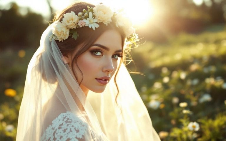 portrait-dune-mariee-portant-une-couronne-de-fleurs-et-un-voile-dans-un-jardin-ensoleille-eclairage-doux-en-fin-de-journee-ambiance-naturelle-et-sereine